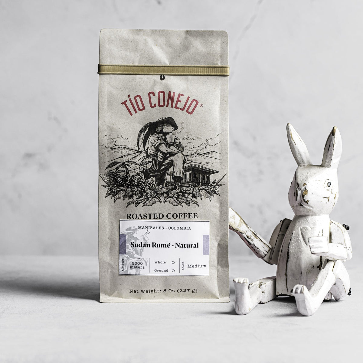 Sudan Rume Natural next to the Tío Conejo wooden rabbit