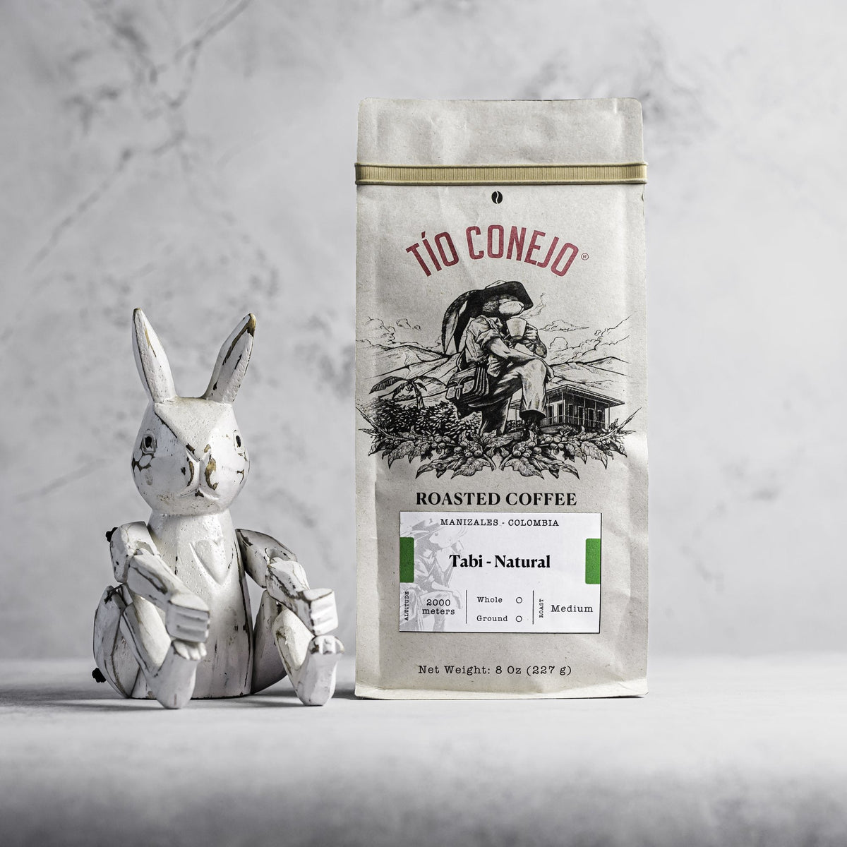 Tabi Natural next to the Tío Conejo wooden rabbit