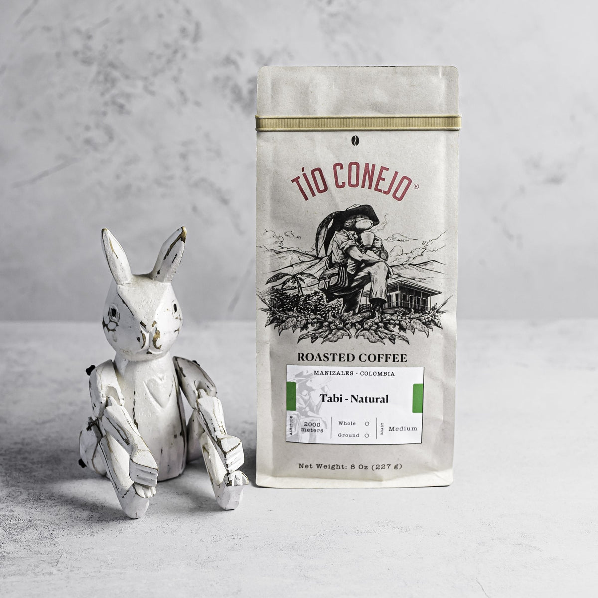 Tabi Natural next to the Tío Conejo wooden rabbit